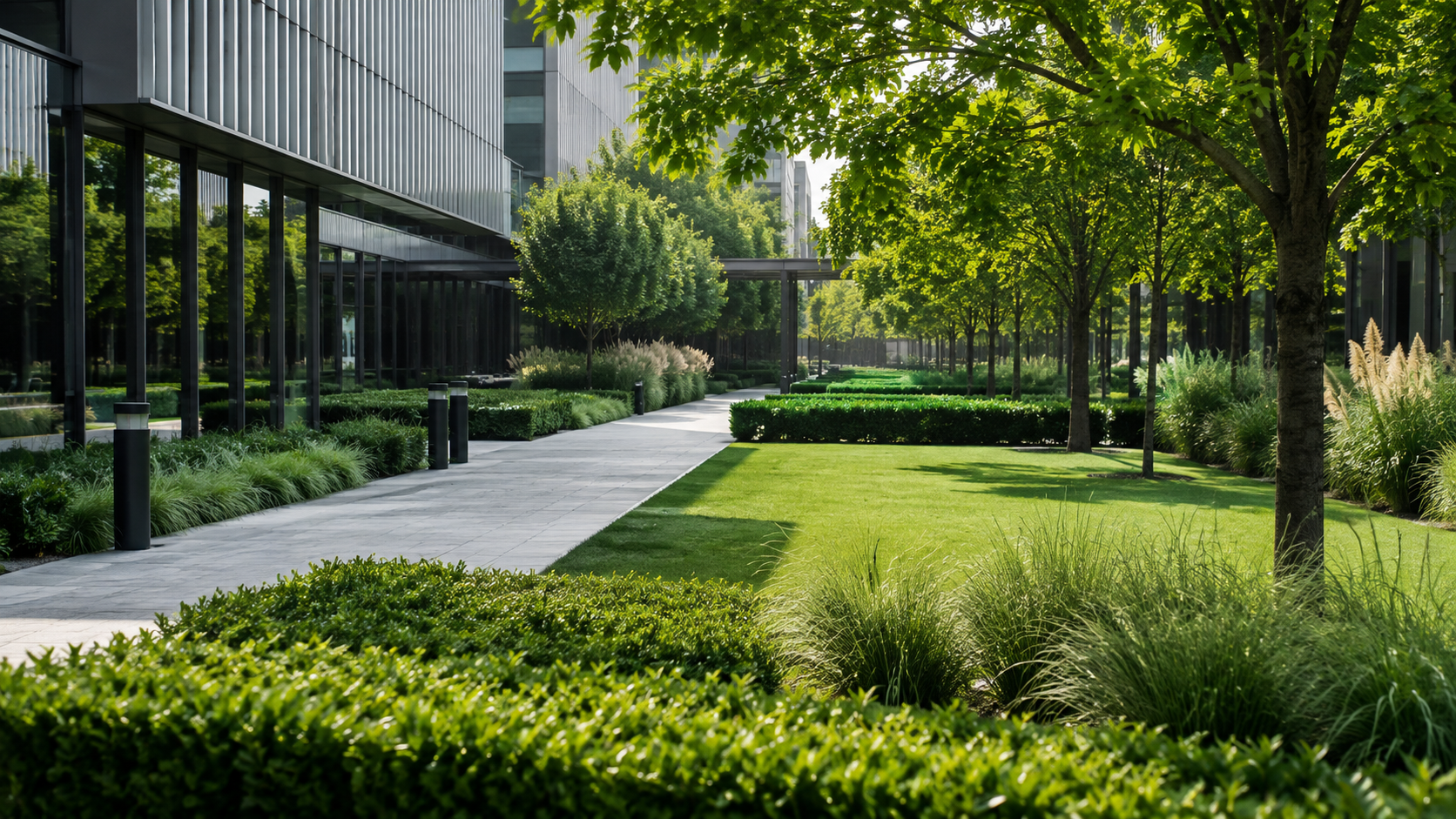 Landscaped corporate facility grounds